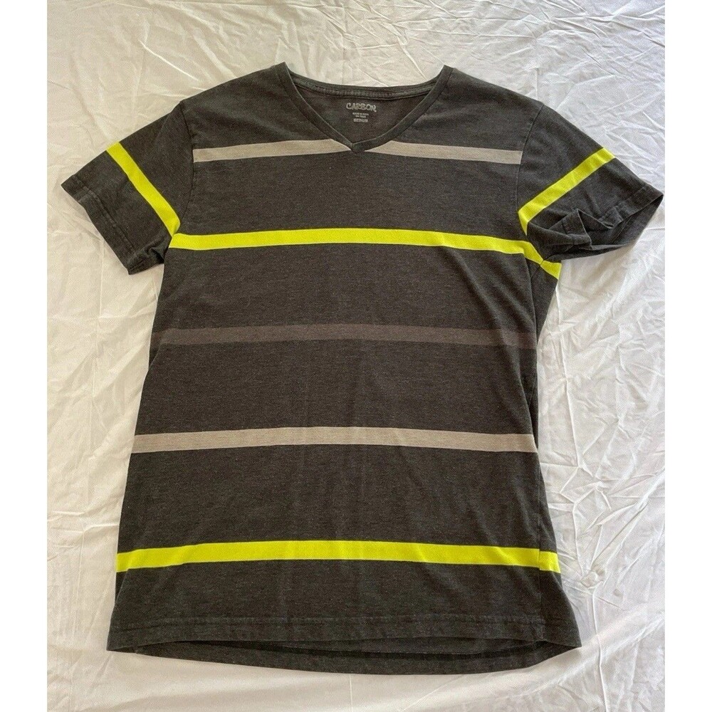 Men's CARBON Size M V-Neck Summer Tee Shirt Gray,Yellow,Black Pin Striped